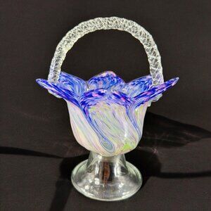 Hand Made Heavy‎ Art Glass Basket Flower Shaped Vase Bowl Footed Multicolor VTG